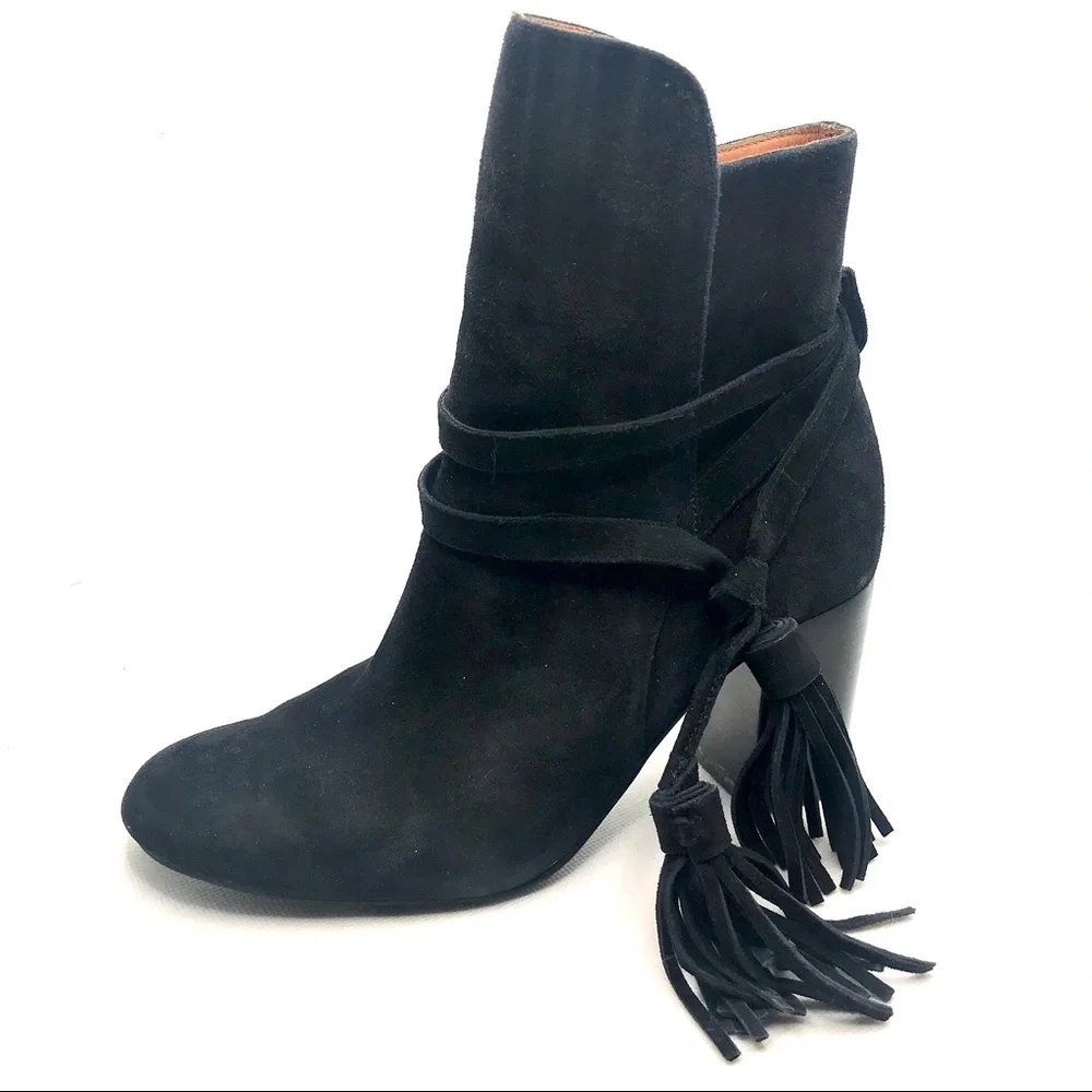 & OTHER STORIES BLACK SUEDE HEELED BOOTS WITH FRINGE TASSEL ANKLE DETAILS (6.5)